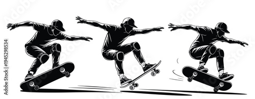 Black and white skateboarder illustration showing three sequential stages of ollie trick, dynamic vector art for sports design, motion study, street culture, and educational references