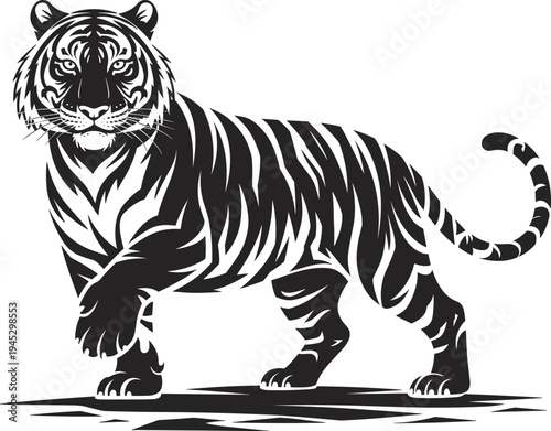 Black and white stylized tiger illustration in standing pose with raised paw, bold striped design for wildlife art, tattoo inspiration, logo, and decorative references