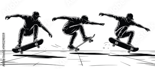 Black and white skateboarder illustration showing three stages of ollie trick, dynamic vector art for sports design, motion study, street culture, and educational references
