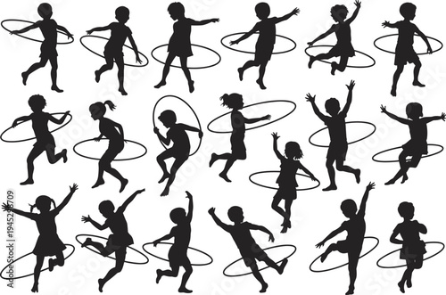 Black silhouette vector illustration of eighteen children playing with hula hoops in dynamic poses, symbolizing childhood fun, play, fitness, balance, motion, and joyful activity