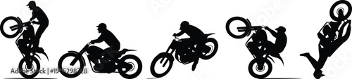 Black silhouette vector illustration of five motorcycle stunt riders in dynamic poses, symbolizing extreme sport, adventure, skill, motion, adrenaline, and freestyle performance