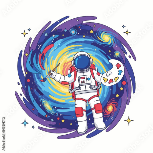 Astronaut Painter in Space Suit Floating.