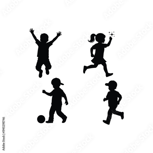 Children playing soccer and running with one girl jumping in a lively outdoor recreational setting