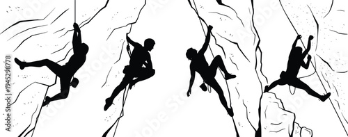 Black silhouette vector illustration of four climbers scaling steep cliff face with ropes and harnesses, symbolizing adventure, outdoor sport, strength, challenge, and teamwork