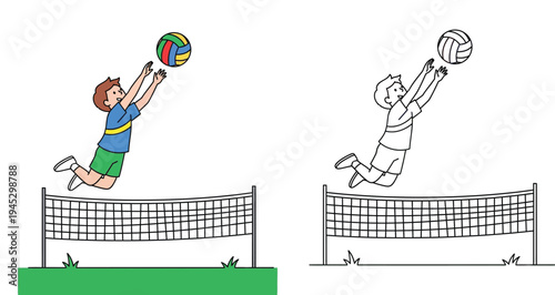 young boy jumping to hit a volleyball over the net, including a black and white outline version for kids coloring book page.