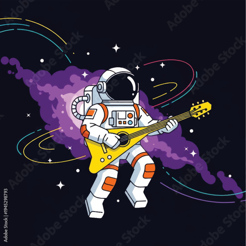 Astronaut Playing Yellow Electric Guitar in Space.