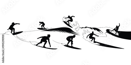 Black silhouette vector illustration of seven surfers riding stylized waves in dynamic poses, symbolizing ocean sport, adventure, athleticism, nature, recreation, and summer lifestyle