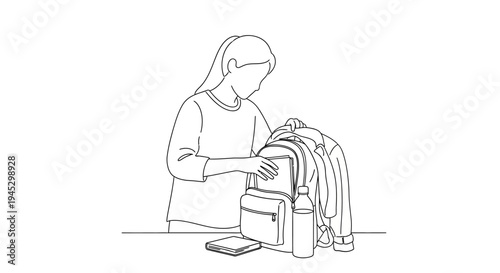 Vector illustration of woman packing backpack for travel isolated on White Background