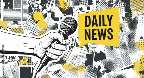 Journalist holding microphone on newspaper collage background eps 10