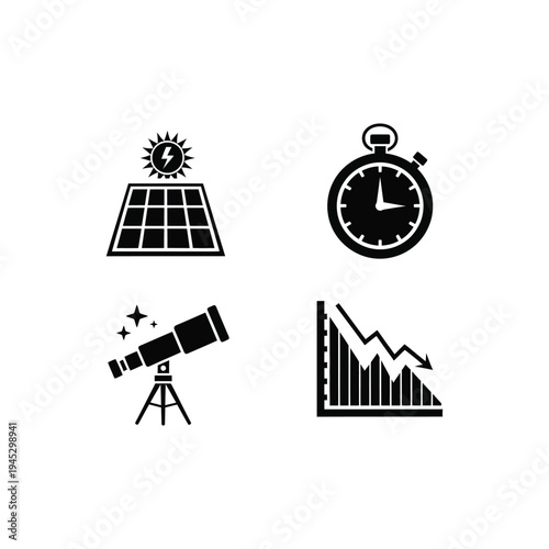 Solar panels and telescope observe sun with clock and rising graph