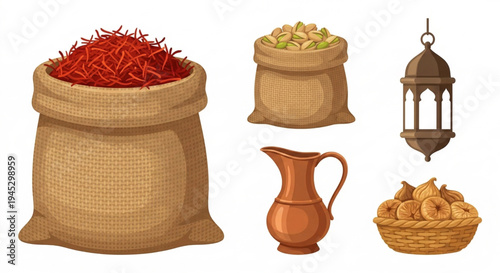 Middle Eastern cultural and culinary items saffron, pistachios, figs, an antique lantern, and a copper pitcher, depicting traditional heritage