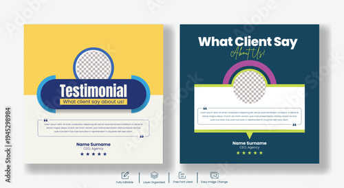 Customer review and testimonial promotional banner template for social media marketing, featuring happy customers concept, five star rating highlight, client satisfaction design