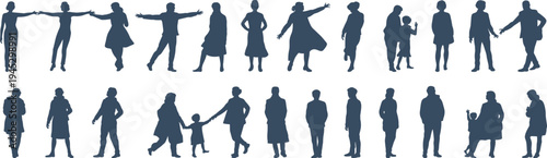 Black silhouette vector illustration of twenty‑four human figures in diverse poses and gestures, symbolizing posture, interaction, family, social connection, lifestyle, and expressive design