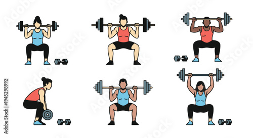 Six diverse individuals perform weightlifting exercises on white.