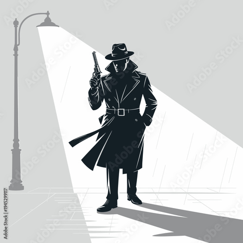 Moody noir illustration of mysterious detective in trench coat with revolver under streetlamp in rainy night city scene, dramatic shadows and cinematic atmosphere