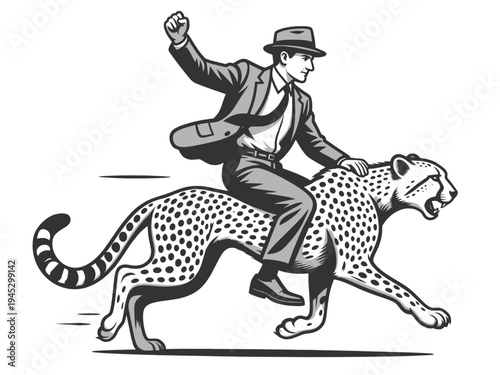 businessman riding a running cheetah, extreme speed, ambition, competitive advantage, and rapid success sketch engraving generative ai vector illustration. Scratch board imitation. Black and white.