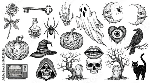 Halloween icons and symbols including pumpkins, ghosts, bats, spiders, and other spooky elements isolated on white background