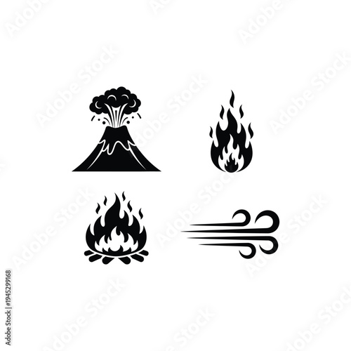 Erupting volcano and flames with intense wind blowing fiercely outside