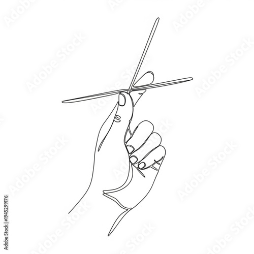 A minimalist line art illustration of a hand holding knitting needles