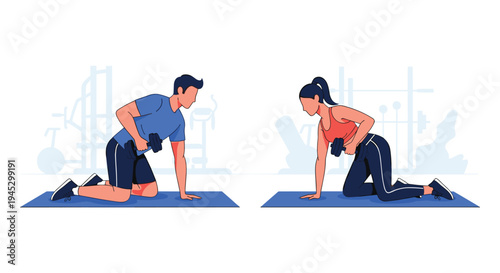 Man and woman perform dumbbell rows on mats in a gym setting.