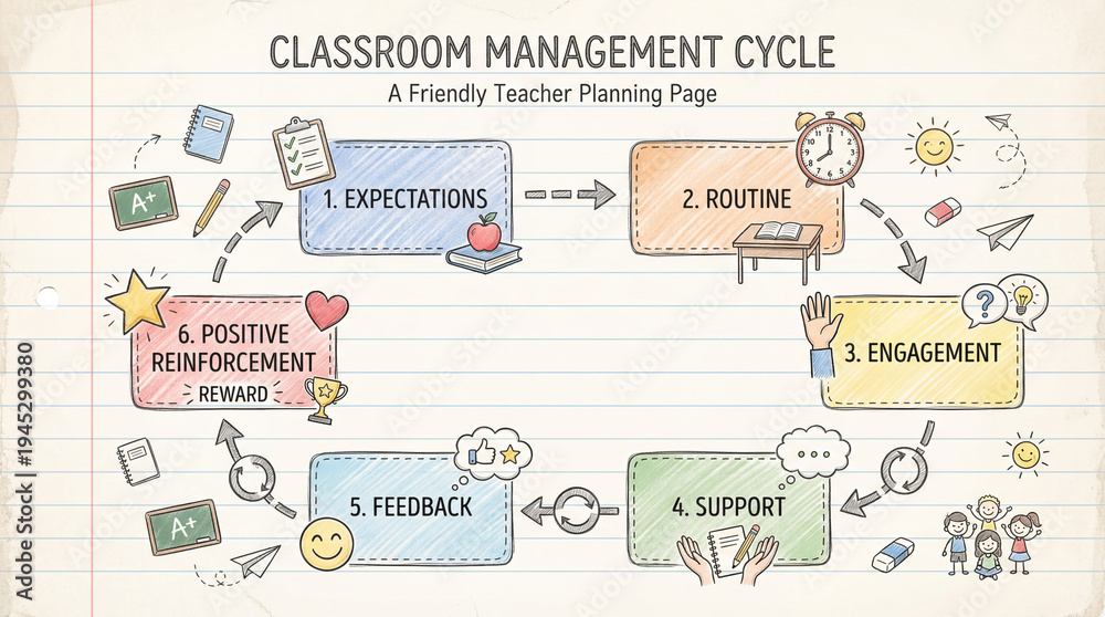 Naklejka premium Classroom Management Process Notebook Infographic for Positive Learning Environment and Teacher Support.
