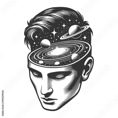 open human head revealing planets, stars, and galaxies, imagination, consciousness, creativity, and the universe of the mind sketch engraving vector illustration. Black and white image.