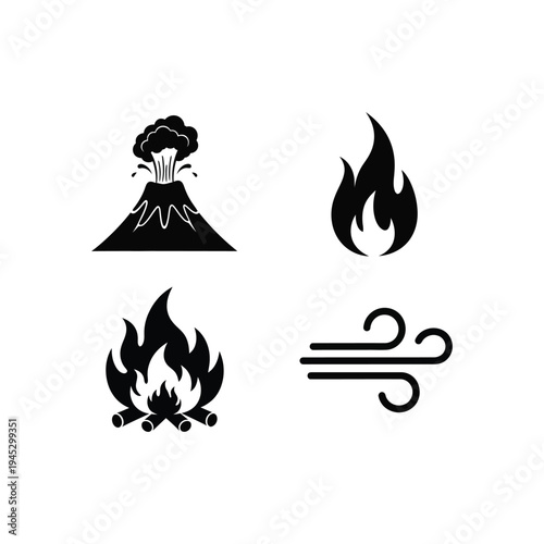 Four black icons depicting volcano eruption and fire elements