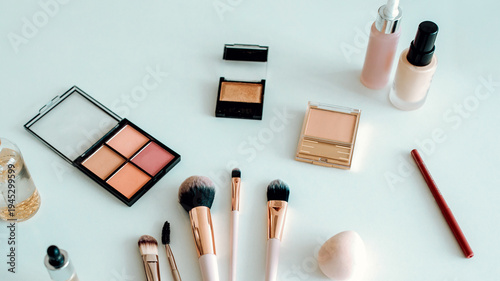 Cuadro en lienzo Various makeup products and brushes are displayed on a flat surface