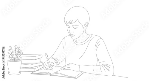 Vector illustration of a man studying with books and plant isolated on White Background