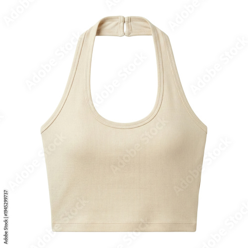 Beige ribbed halter neck crop top for women