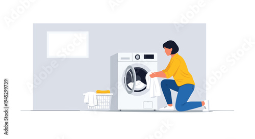 A woman loads clothes into a washing machine in a laundry room.
