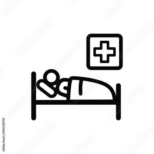 A person lies in a hospital bed with a medical cross sign