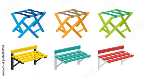 Colorful folding stools and benches arranged in a grid pattern