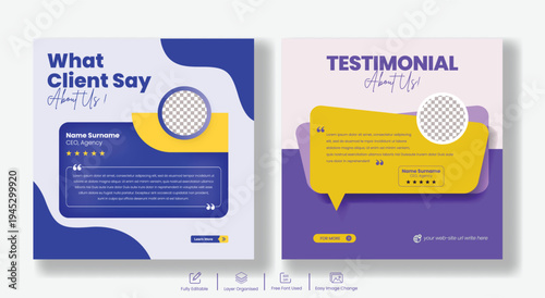 Creative testimonial and customer review social media marketing template with happy customers concept, business rating banner, five star feedback promotion, brand trust advertising layout