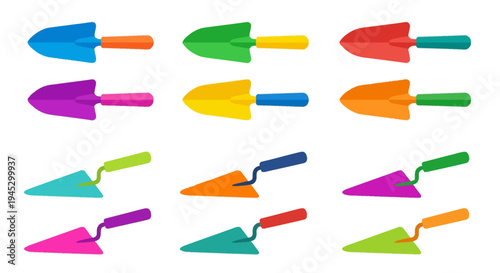 Colorful garden trowels arranged in a grid on a white background