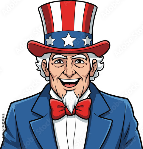 Uncle Sam Character Mascot Cartoon Illustration for American Patriotism and National Identity Concepts