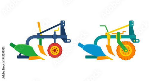Colorful illustration of two farm plows side by side isolated on white