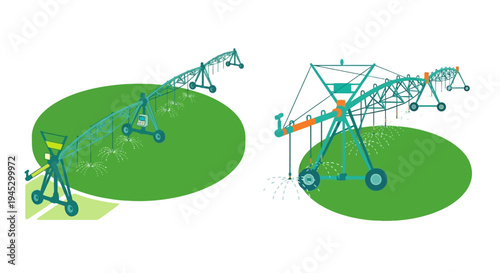 Illustration of center pivot irrigation systems watering green fields