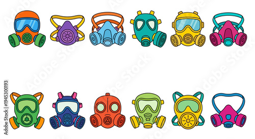 Colorful collection of cartoon gas masks arranged in two rows