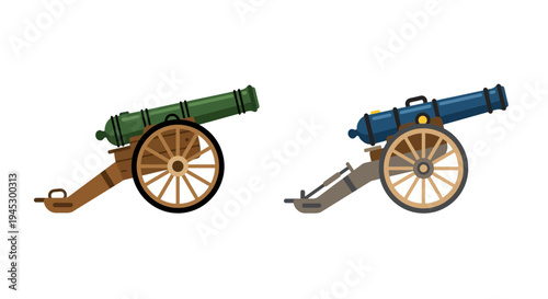 Two antique cannons one green and one blue displayed in profile