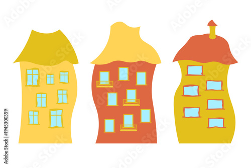 Colorful cute cartoon-style crooked houses with windows, roofs and balconies on white background. Local cityscape