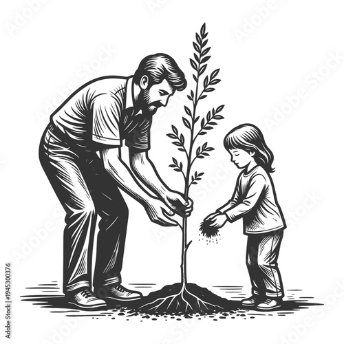 father and young child planting small tree together, symbolizing growth, teaching, sustainability, and family values sketch engraving generative ai vector illustration. Scratch board. Black and white.