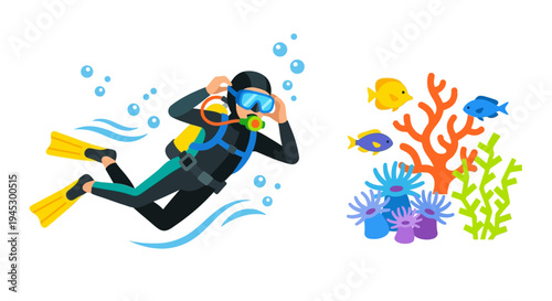 A scuba diver explores a vibrant coral reef underwater scene