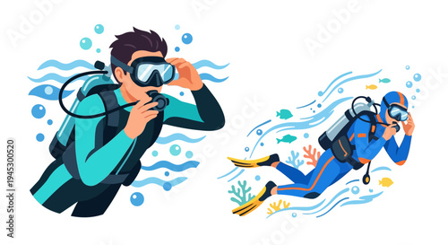 Two scuba divers exploring an underwater environment with marine life