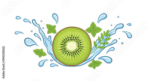 A single green kiwi slice with black seeds is surrounded by blue water splashes and fresh green mint leaves on a white background.