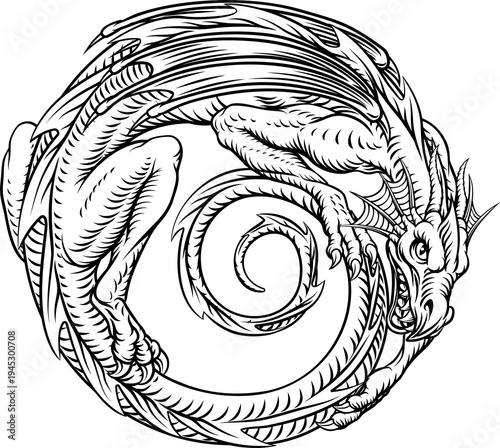 Bild auf Leinwand Coiled circle dragon design in detailed vintage woodcut style