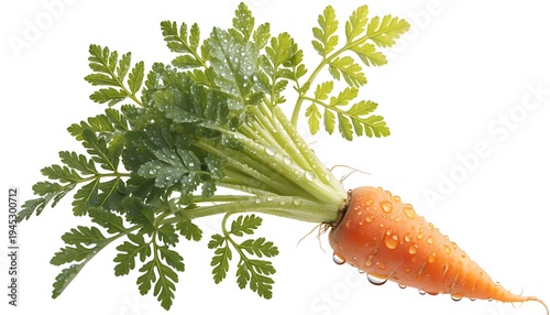 Fresh Organic Carrot with Green Leaves and Soil Droplets on White Background
