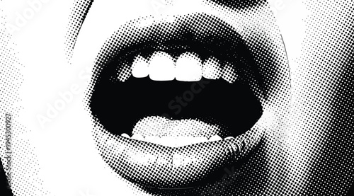 Closeup of a persons mouth with an open mouth and visible teeth on a white background
