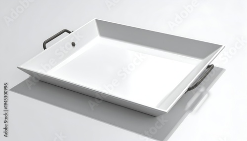 White, square ceramic pan with metal handles, slightly angled, on a light, reflective surface