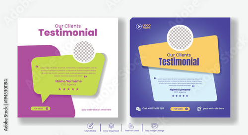 Happy customers testimonial social media post template design with customer review marketing banner, five star rating promotion, client satisfaction advertising layout for brand trust